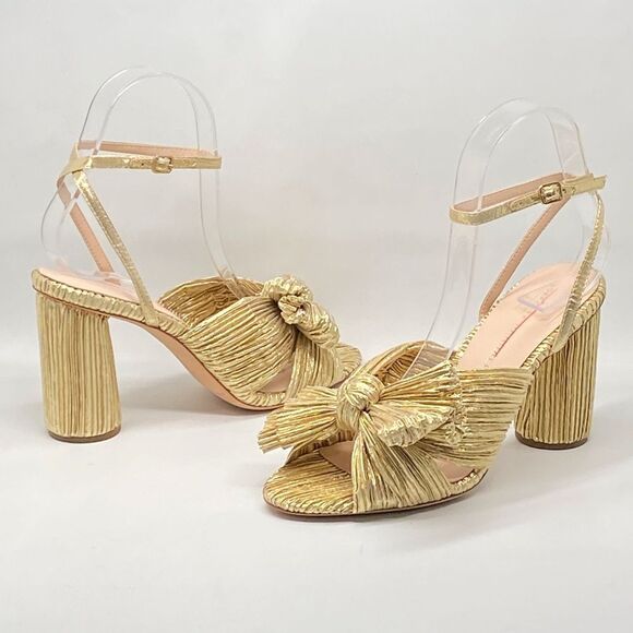 Loeffler Randall Camellia Gold Pleated Bow Heel Sandals size 6.5 - Picture 9 of 13